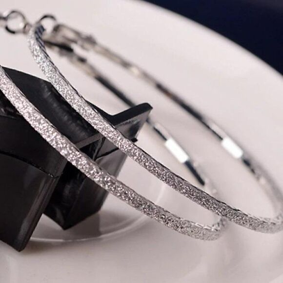 Sparkly Silver Tone Hoop Earrings 2.25" - Picture 4 of 6